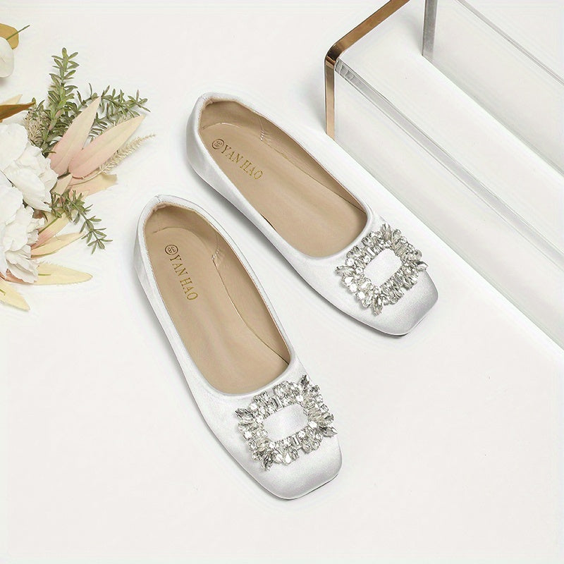 Women's Satin Ballet Flats Rhinestone Slip On Wedding Dress Flats
