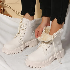 Women's Faux Leather Platform Snow Boots Plush Heel Ankle Combat Boots