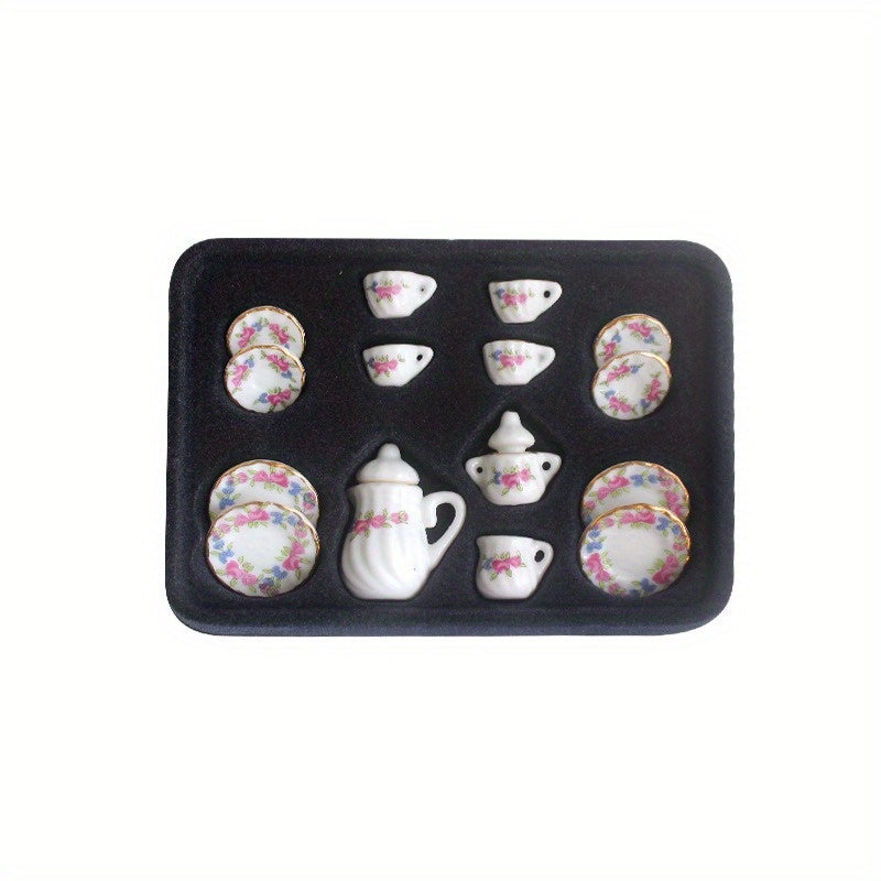 15pcs Dollhouse Food Playset with Ceramic Tea Set and Teacups