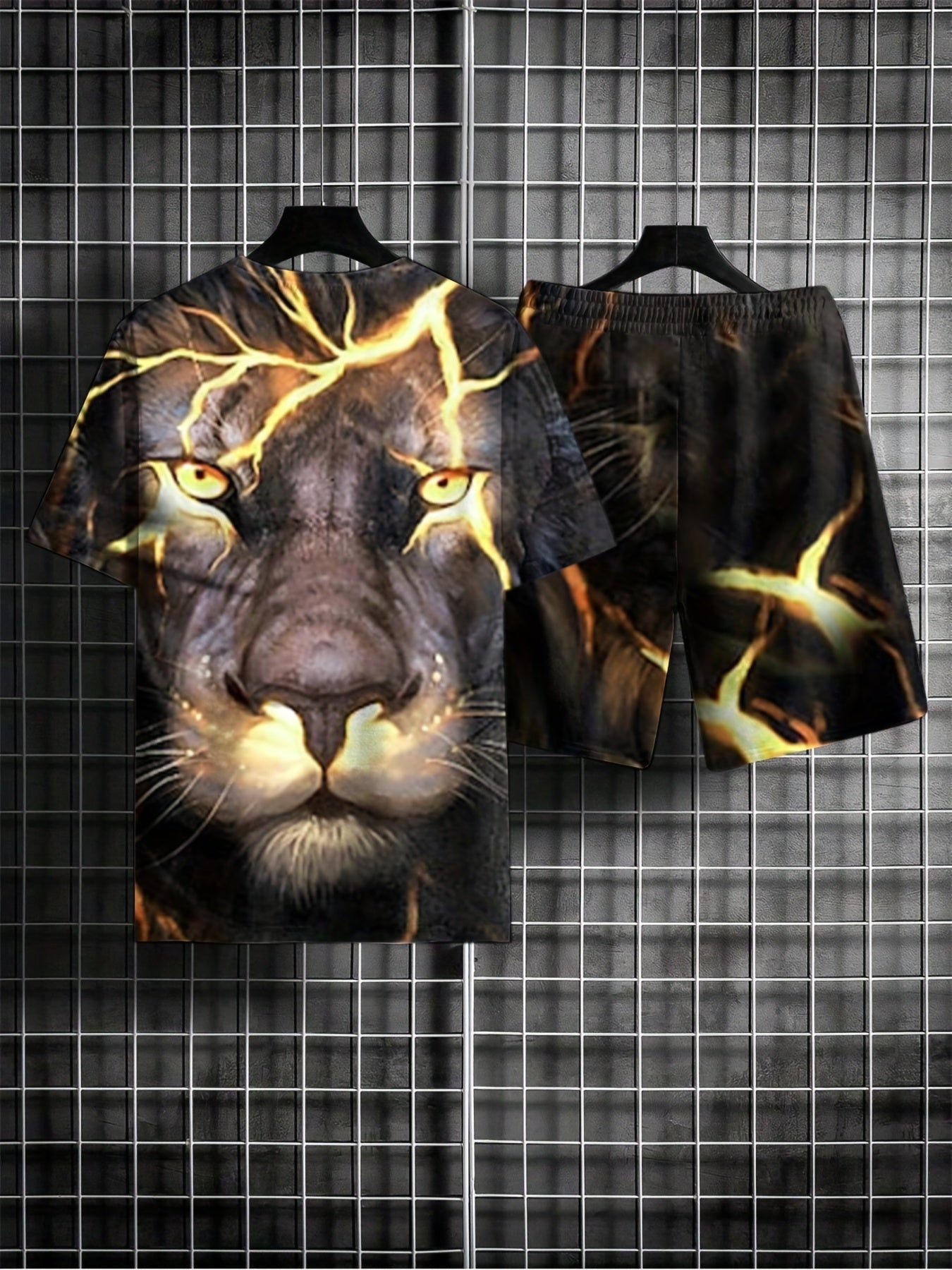 3D Lion Pattern Print Men's 2Pcs Outfits Crew Neck Short Sleeve T shirt