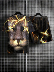 3D Lion Pattern Print Men's 2Pcs Outfits Crew Neck Short Sleeve T shirt