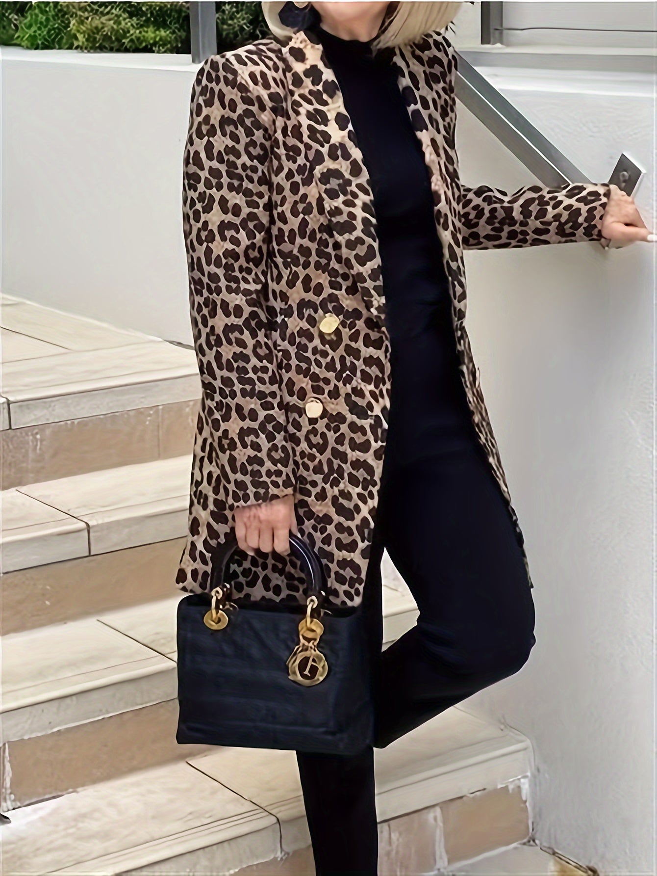 Leopard Print Long Sleeve Lapel Collar Blazer