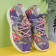 Floral Print Sneakers Lace Up Low Round Toe Casual Flatform Shoes