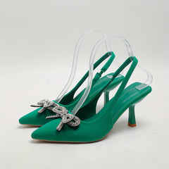 Rhinestone Bow Kitten Heels Slingback Sandals