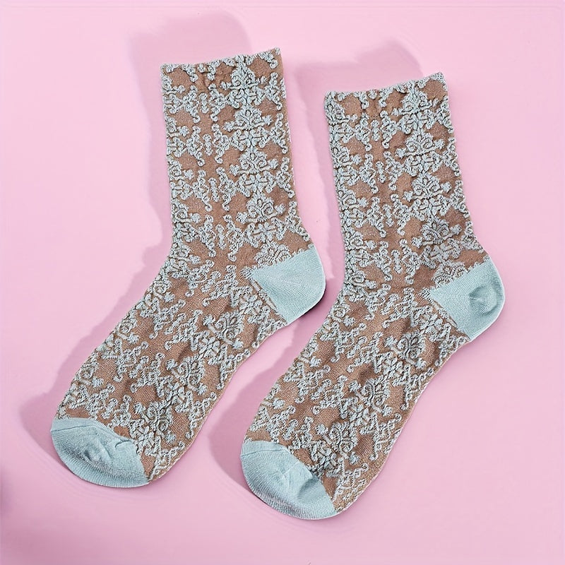 Floral Print Crew Socks Ethnic Embroidery Mid Tube Stockings