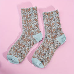 Floral Print Crew Socks Ethnic Embroidery Mid Tube Stockings