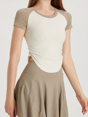 Women's Casual Raglan Shoulder Short Sleeve Patchwork Sports Top