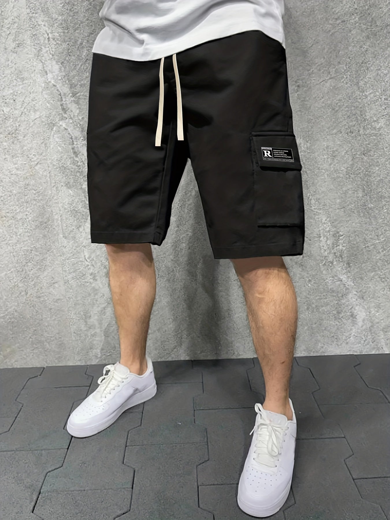 Letter Print Cargo Shorts Men's Casual Pocket Waist Drawstring Cargo Shorts