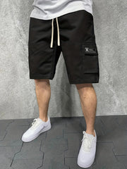 Letter Print Cargo Shorts Men's Casual Pocket Waist Drawstring Cargo Shorts