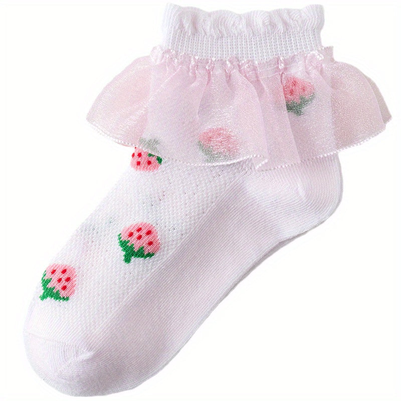 Girls Cotton Blend Lace Ruffle Ankle Socks Strawberry Pattern Candy Crew Socks