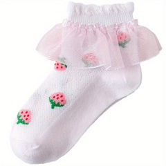 Girls Cotton Blend Lace Ruffle Ankle Socks Strawberry Pattern Candy Crew Socks