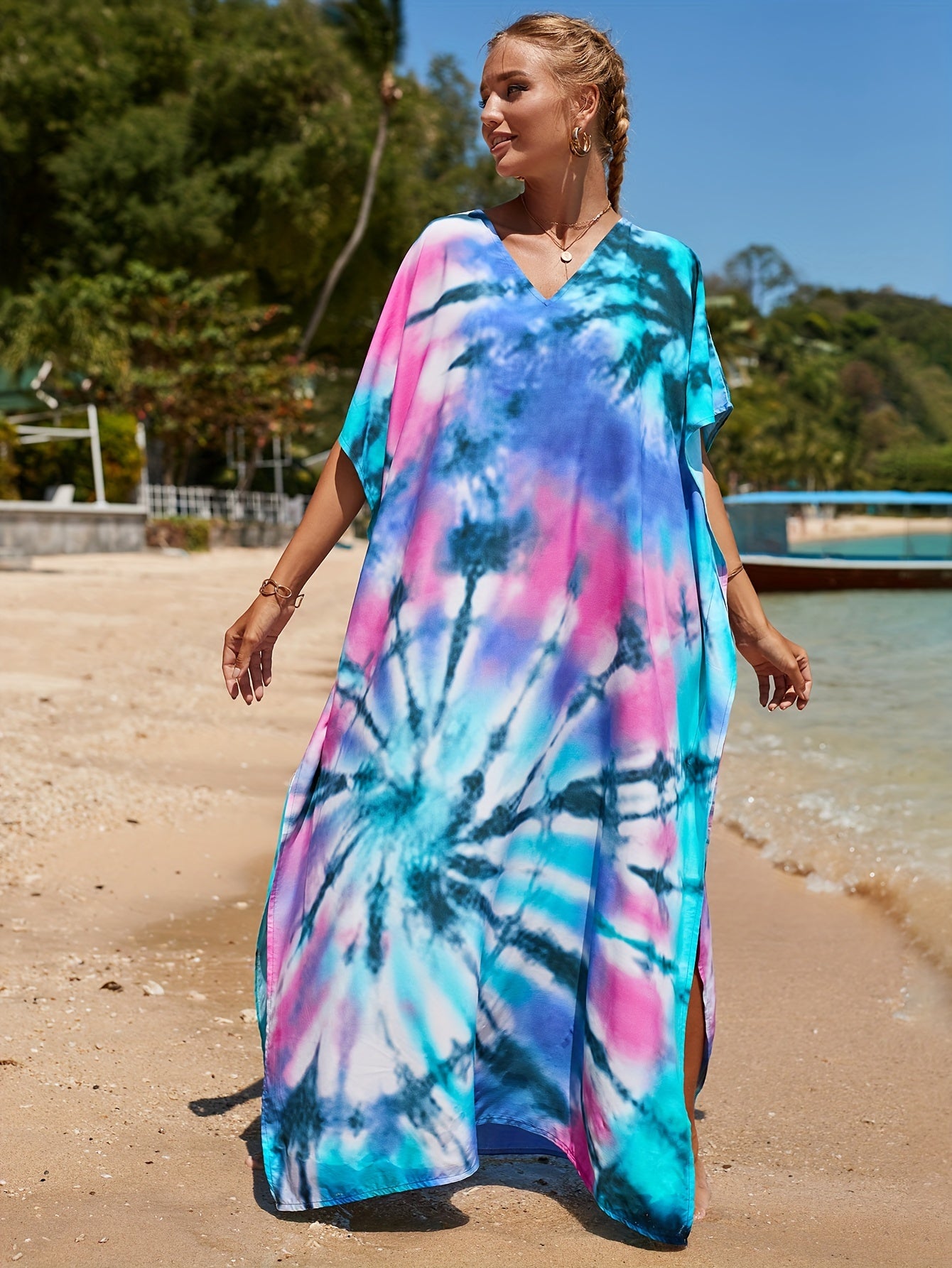 Boho Cover Up Women's Plus Tie Dye Bat Sleeve V Neck Split Loose Beach