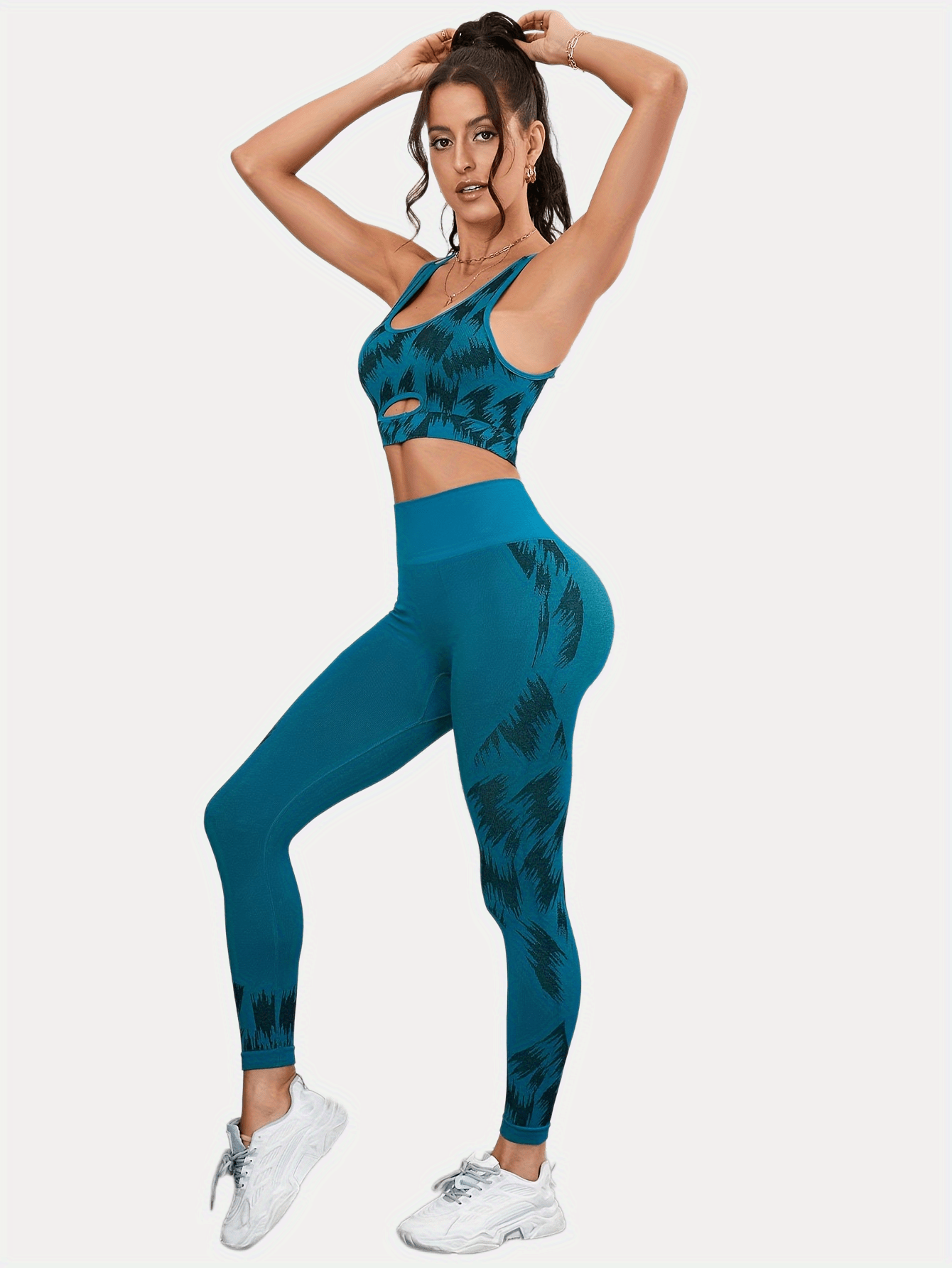 Print Hollow Yoga Fitness Bra & High Waist Hip Lift Fitness Leggings