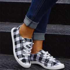 Women's Plaid Canvas Shoes Lace Up Flat Sneakers Lightweight Low Top