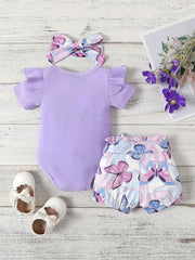 3pcs Baby Girls Short Sleeve Onesie & Butterfly Shorts Set