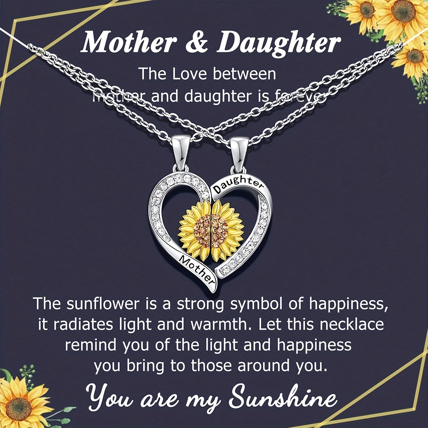 Sunflower Heart Pendant Necklace for Mom and Daughter