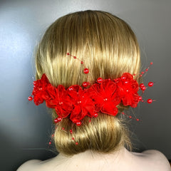Red Floral Bridal Headpiece with Beaded Details for Weddings