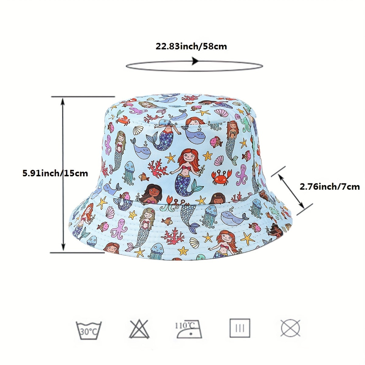 Kid's Mermaid Print Fisherman Hat, Sea Animals Sun Visor