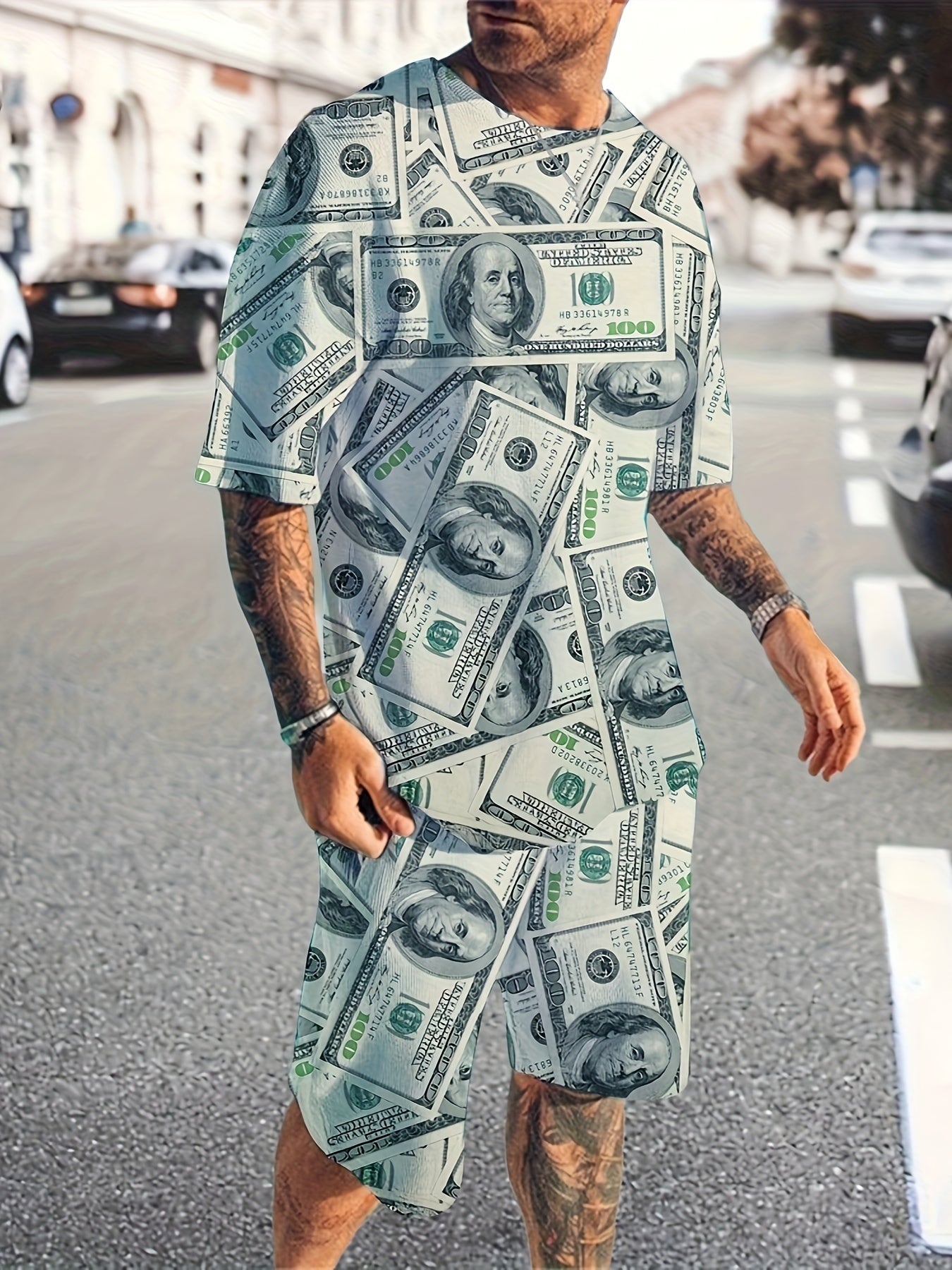 Men's Money Graphic 3D Print T shirt Active Shorts Set