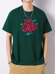 Cotton STAY SAFE Print Men's Graphic Crew Neck Active T shirt