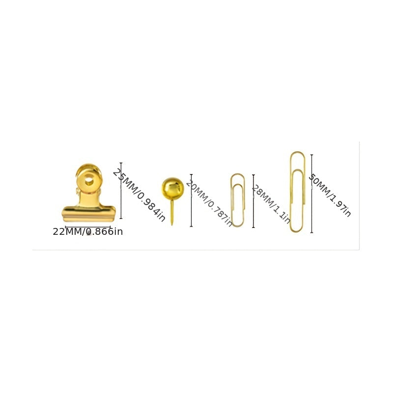 Golden Pu Stationery Set: 10 Macaron Clips, 50 Earth Nails, 100 Pins