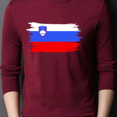 Slovenia Flag Print Men's Long Sleeve T shirt Slim Fit Crew Neck Tops