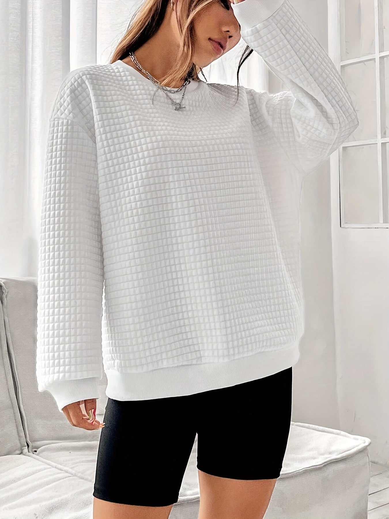 Waffle Grid Crew Neck Sweatshirt for Women
