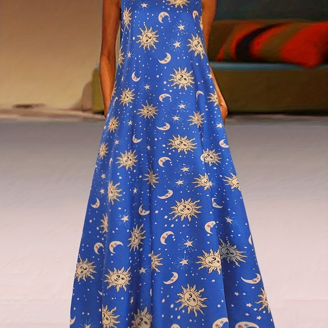 Moon & Sun Print Notched Neck Sleeveless Tank Dress