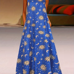 Moon & Sun Print Notched Neck Sleeveless Tank Dress
