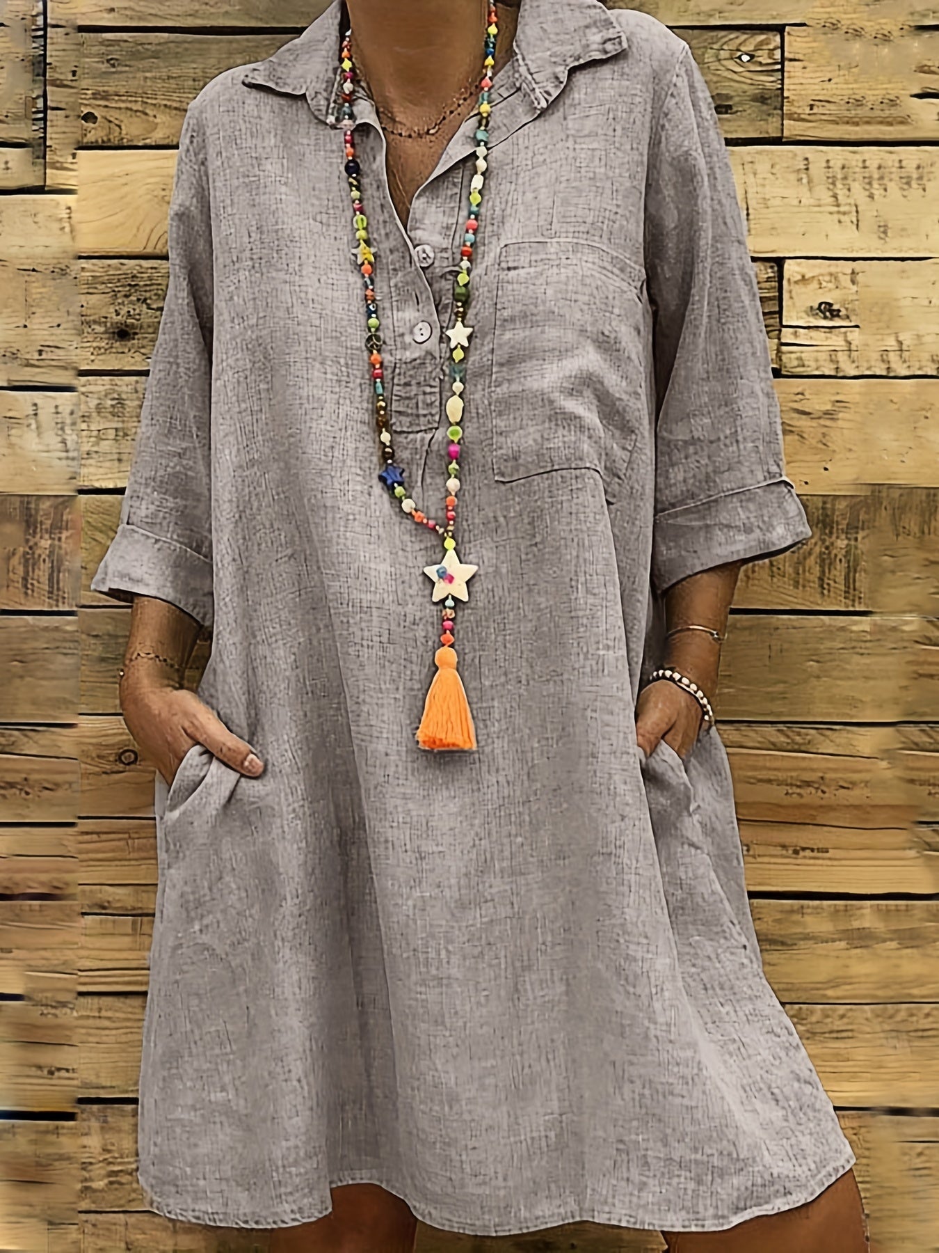 Solid Button Front Dress Casual 3 4 Sleeve Dress With Pockets Women's Clothing
