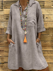 Solid Button Front Dress Casual 3 4 Sleeve Dress With Pockets Women's Clothing