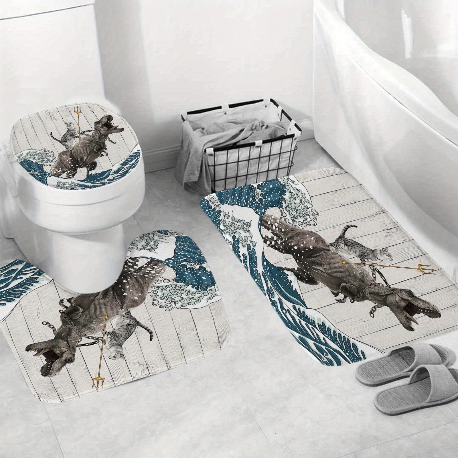 Cat Dinosaur Shower Curtain Set + Bath Mat + 12 Hooks - 71x71