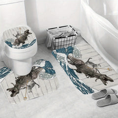 Cat Dinosaur Shower Curtain Set + Bath Mat + 12 Hooks - 71x71
