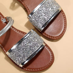 Women's Sequin Flat Sandals Open Toe Slides Shoes
