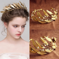 Golden Leaves Wedding Crown Pearl Bridal Crown Golden Headband