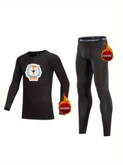 Kids Lion Pattern Fleece Set Crew Neck Pullover Elastic Waist Pan