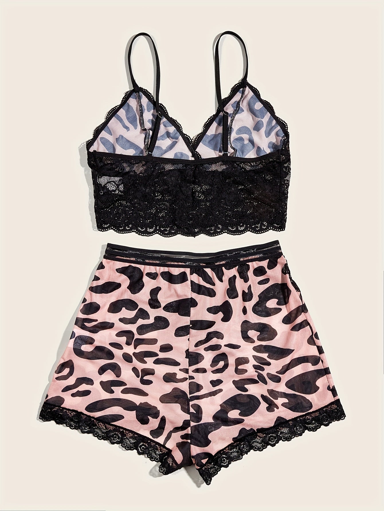 Lace Lingerie Set with Cami Top & Leopard Shorts