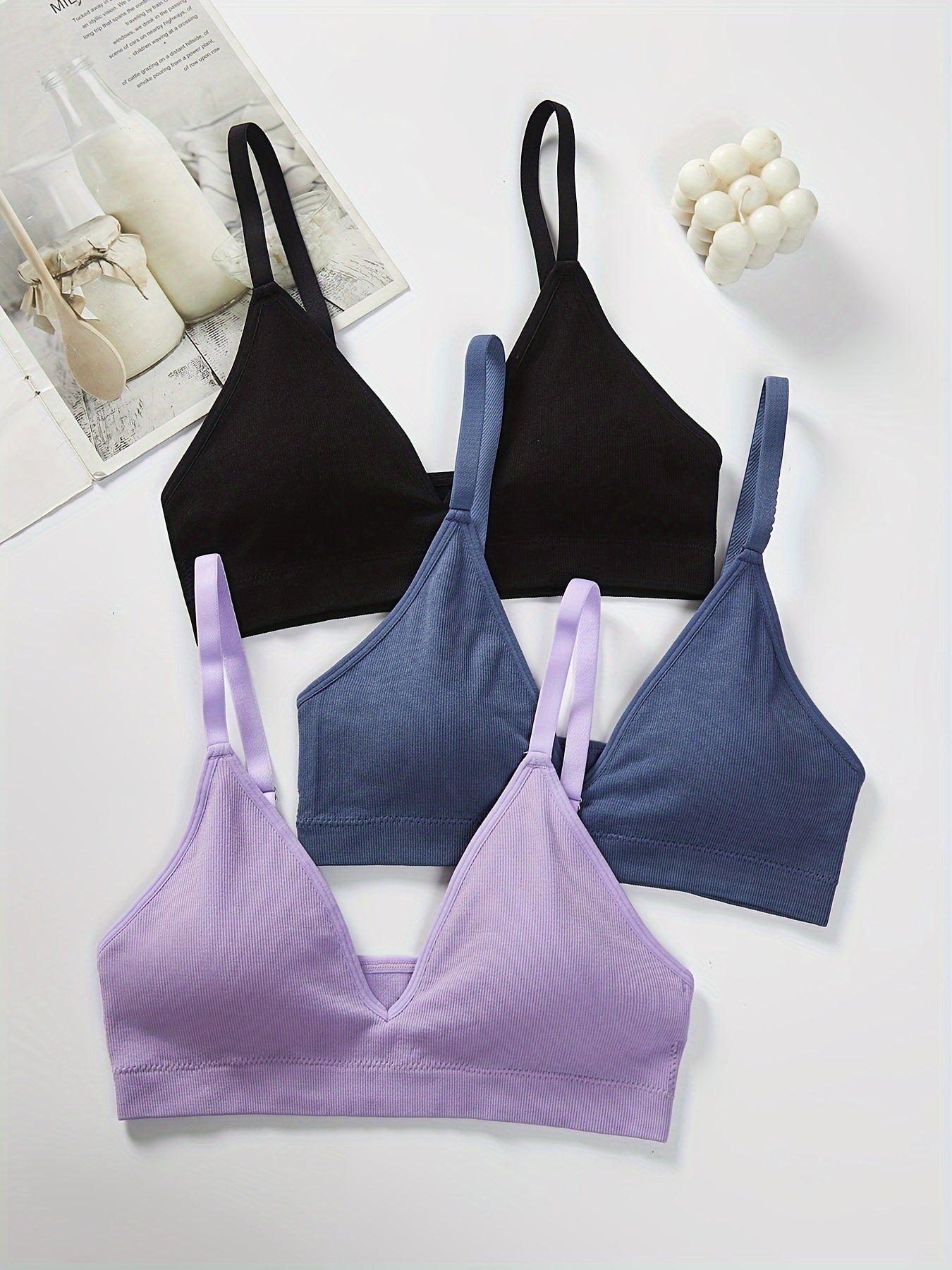 3pcs Wireless Plunge Bras Comfy & Breathable Women's Lingerie