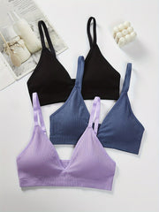 3pcs Wireless Plunge Bras Comfy & Breathable Women's Lingerie