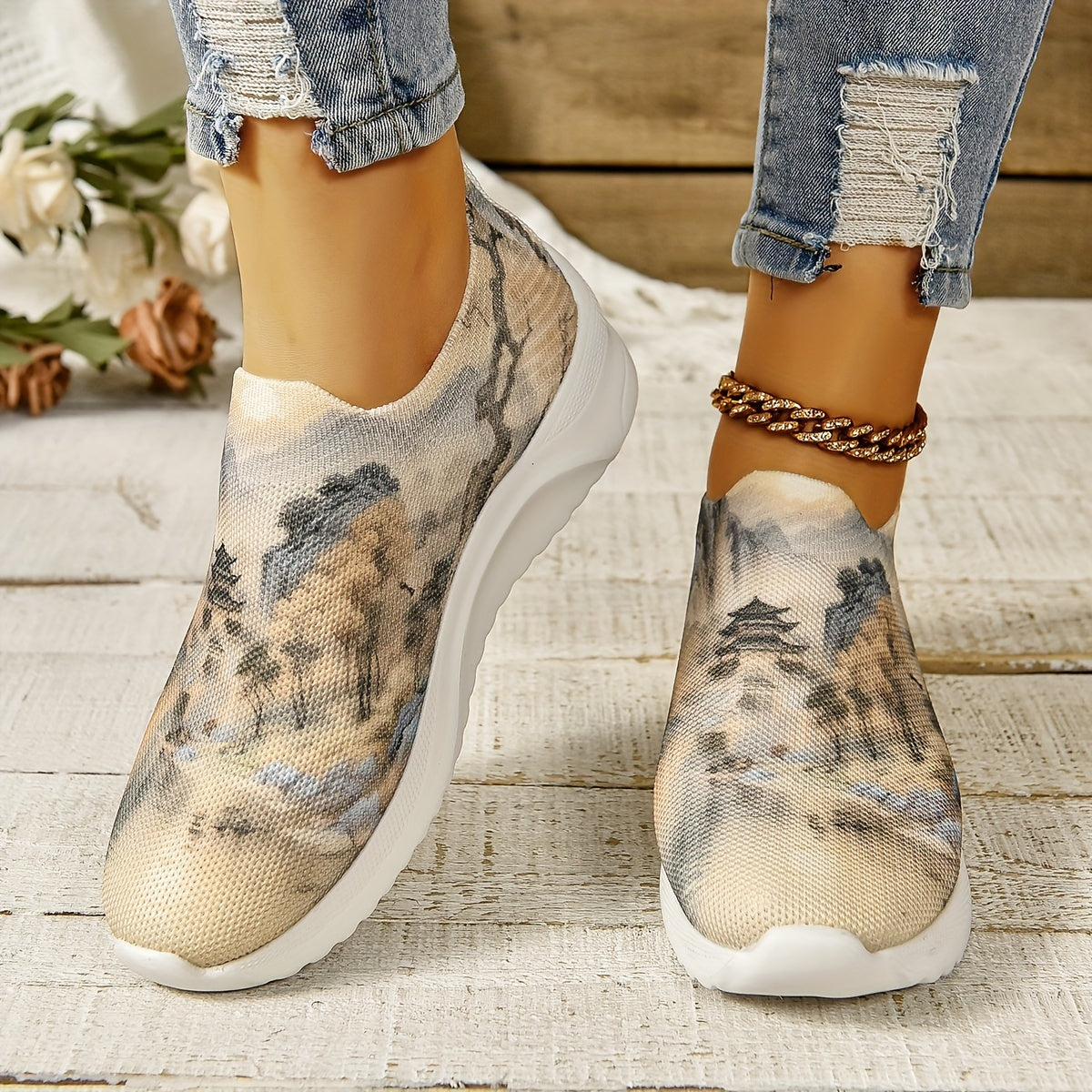 Women's Ink Painting Pattern Knit Walking Shoes