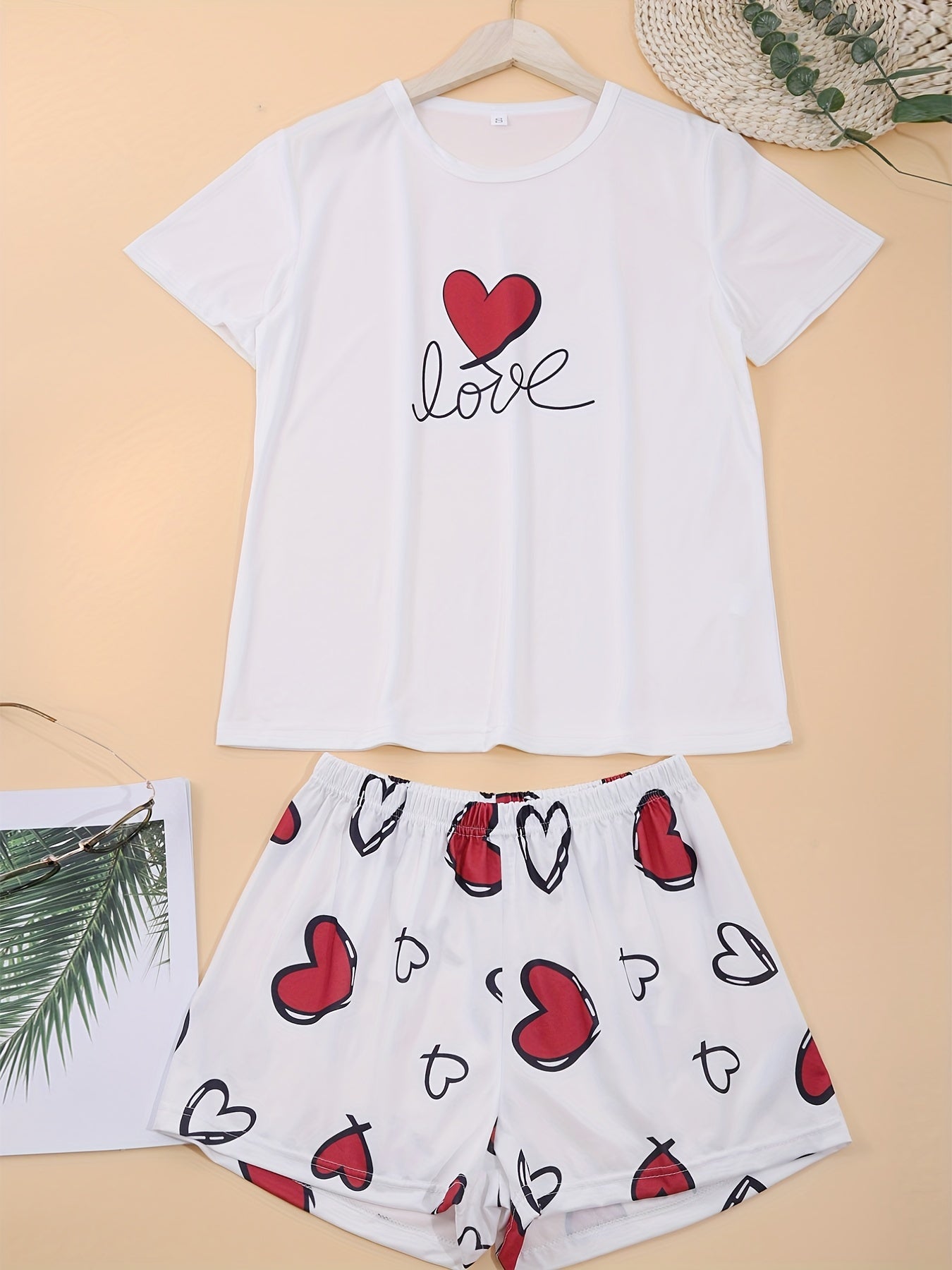 Heart Print Pajama Set Short Sleeve Crew Neck Top & Elastic Waistband Shorts