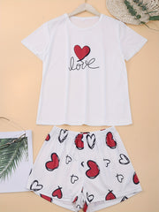 Heart Print Pajama Set Short Sleeve Crew Neck Top & Elastic Waistband Shorts