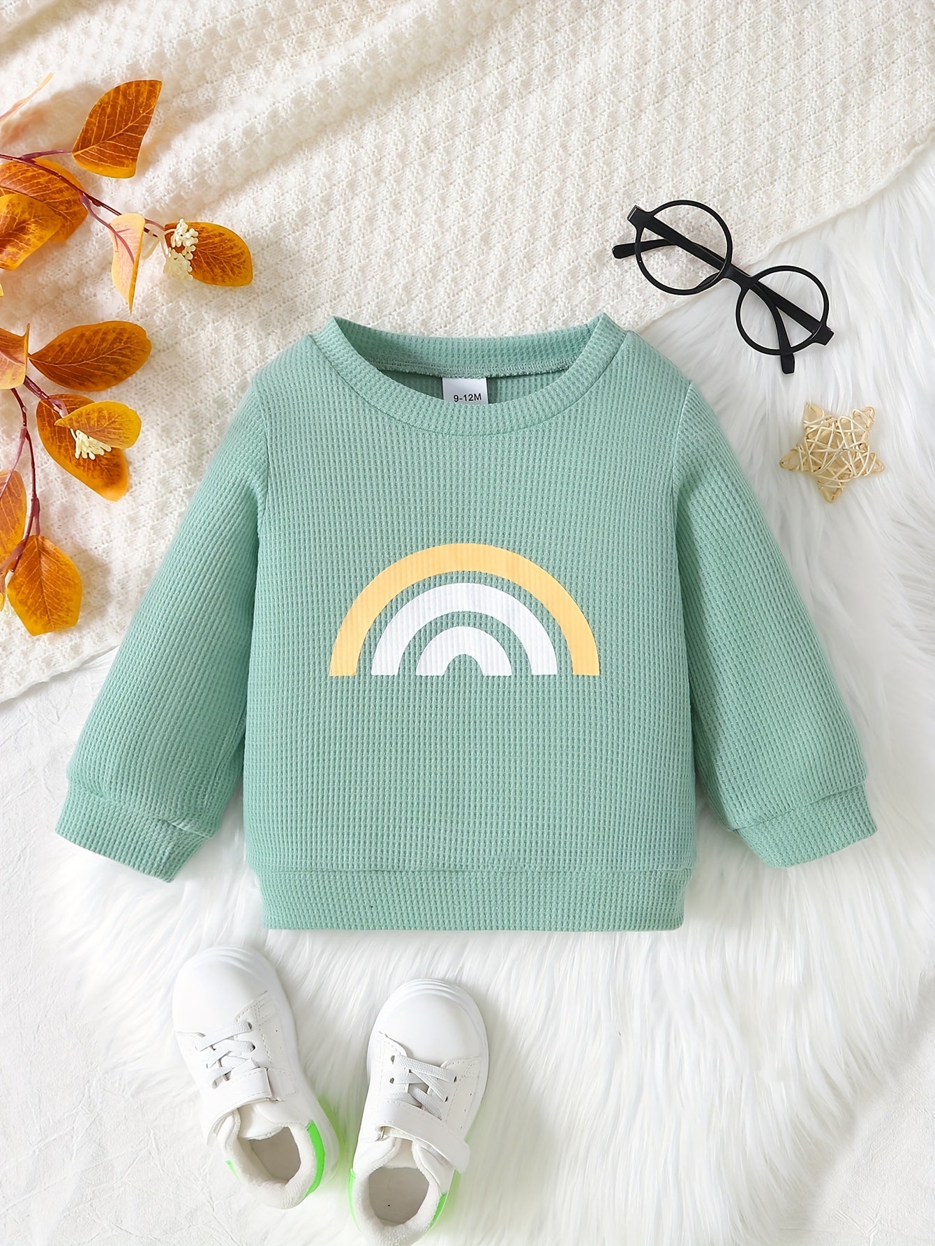 Unisex Rainbow Waffle Long Sleeve Pullover Top Crew Neck Blouse