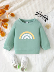 Unisex Rainbow Waffle Long Sleeve Pullover Top Crew Neck Blouse