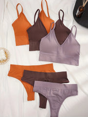 Solid Ribbed Bra & Panties Set Stretch Wireless Bra & Thong Lingerie