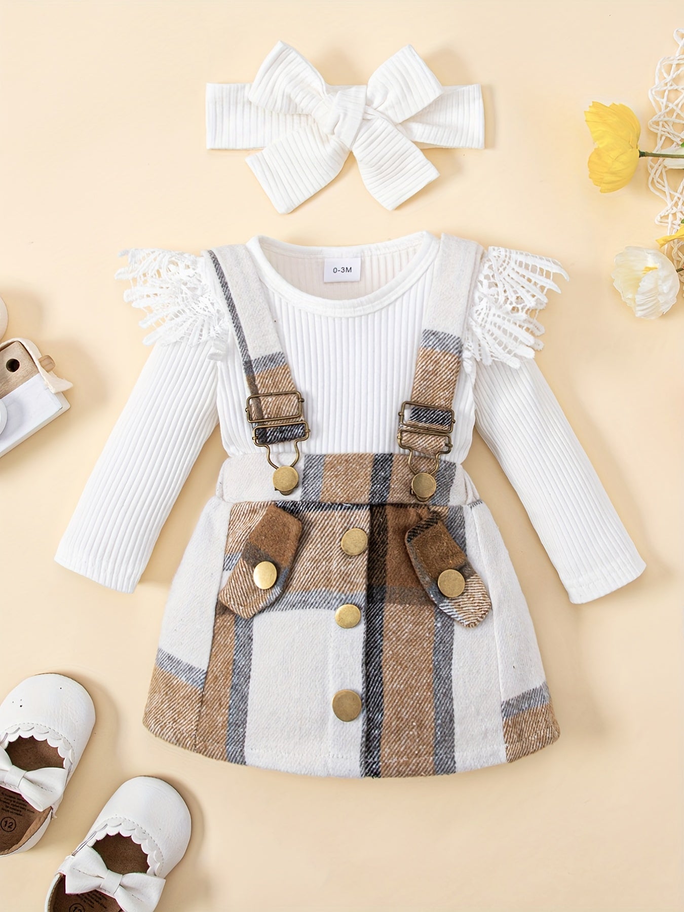 3pcs Baby Girls Long Sleeve Onesie & Plaid Suspender Skirt Set