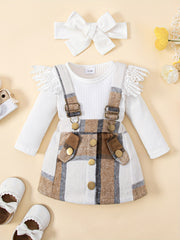 3pcs Baby Girls Long Sleeve Onesie & Plaid Suspender Skirt Set