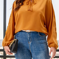 Casual Blouse Women's Plus Solid Contrast Lace Round Neck Lantern Slee