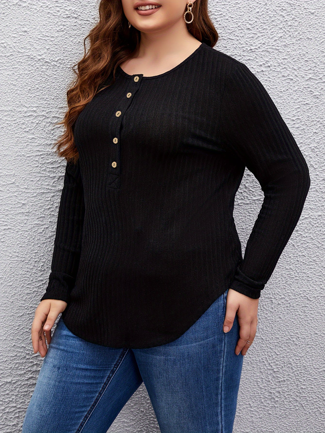 Casual Sweater Solid Button Decor Long Sleeve Crew Neck Top