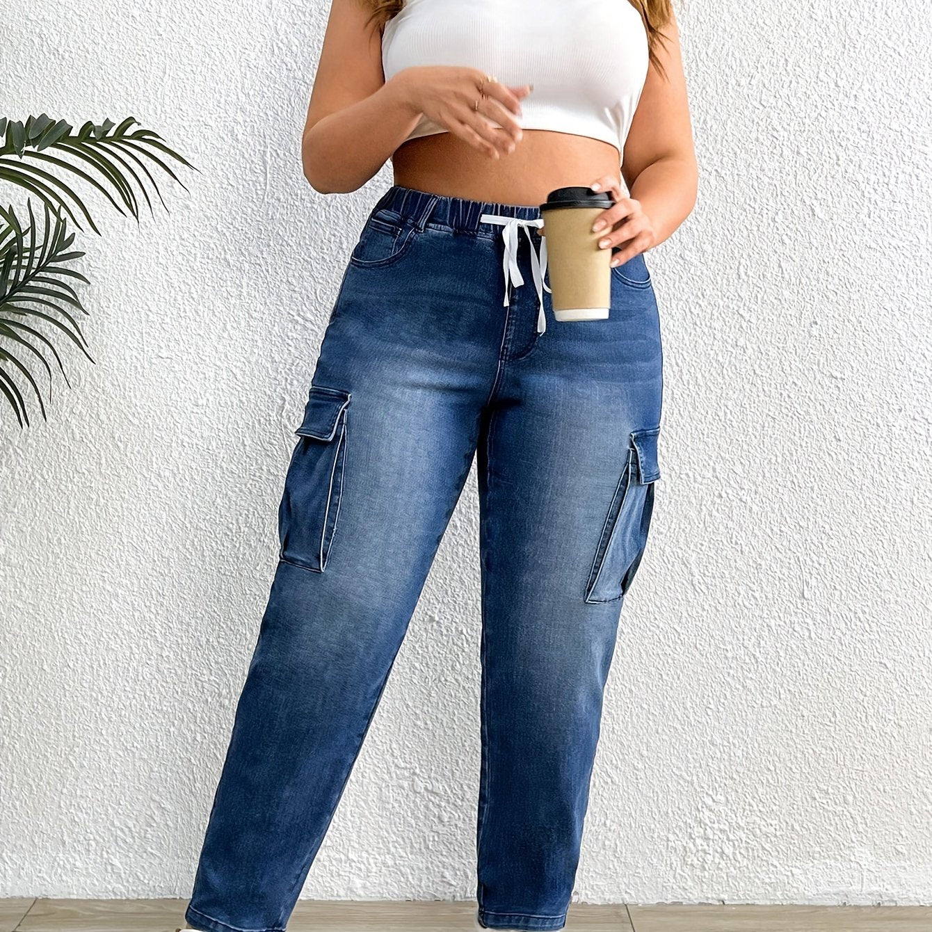 High Stretch Cargo Jeans Elastic Waist Plus Drawstring Retro